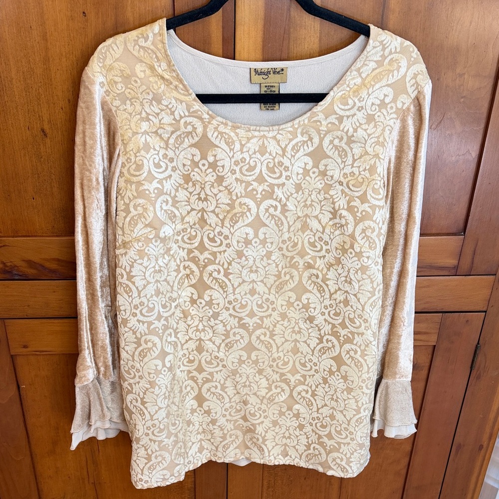 Midnight Velvet Cream Floral Print Tunic w/Ruffled Bell Sleeves, M -Regencycore